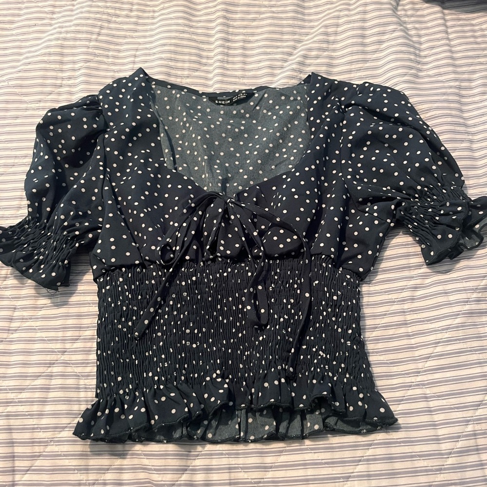 ROMWE green polka dot tie front blouse